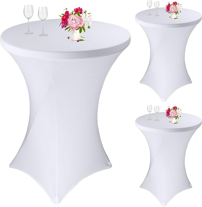 3 Pack Cocktail Spandex Tablecloth 32"x43" Cocktail Table Cover Fitted High Top Round Table for Bar Wedding Birthday Party Banquet (White)