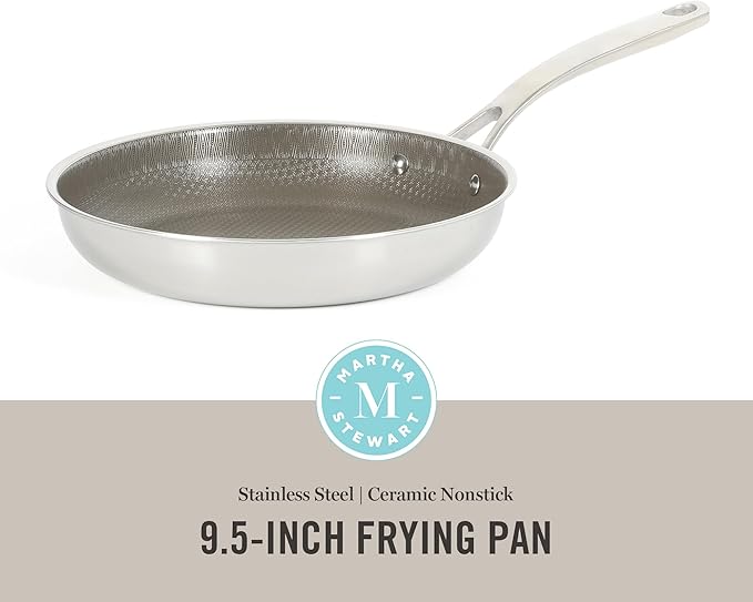 Martha Stewart Badgley Hybrid Nonstick 9.5 Inch TriPly Stainless Steel Fry Pan & Stay Cool Handle - Laser Etched Non-Toxic Perfect Sear Nonstick Skillet - Dishwasher and Induction Safe