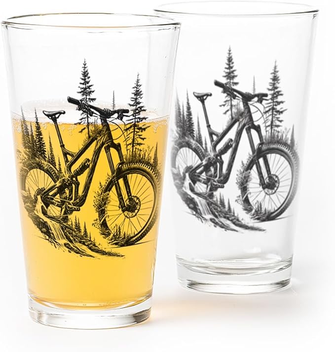 Black Lantern Double Exposure Mountain Bike Pint Glasses – Set of 2 16oz Beer Glasses for MTB Riders & Outdoor Adventure Lovers