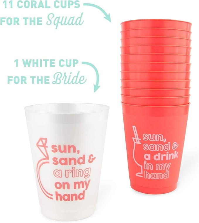 Stag & Hen Sun & Sand Bachelorette Party Cups - 12 Pack, 16 oz Cups | Custom Personalized Drinkware for Summer or Beach Theme Bridal Shower, Engagement Party | Bridesmaids Gifts, Favors, Decor