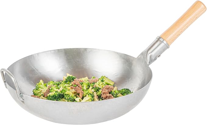 Motomori 14 Inch Hand-Hammered Carbon Steel Wok, 10 Traditional Japanese Wok - Flat Bottom, Wooden Handle, Black Carbon Steel Traditional Stir Fry Pan, With Helper Handle - Restaurantware