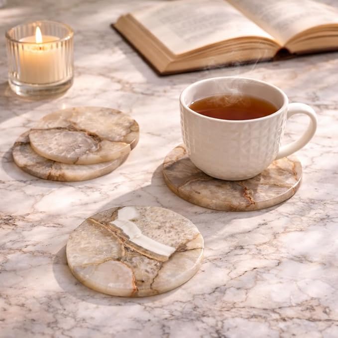 Set of 4, Luxury Natural Agate Coasters Set – Handcrafted Stone Drink Coasters for Serveware, Coffee Table Decor, Housewarming Gift & Wedding Gift – Modern Home Decor