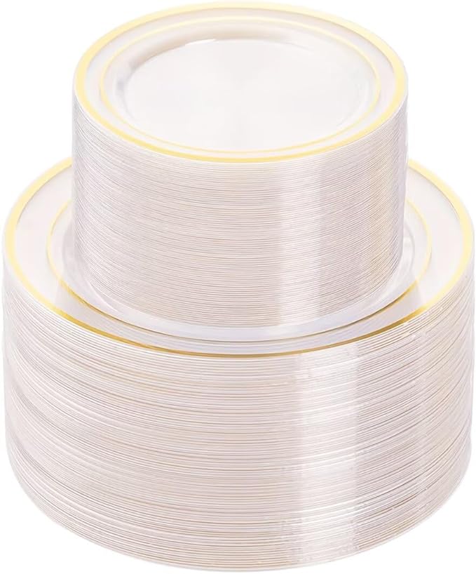 BESTVIP 200PCS Clear Gold Plastic Plate, Disposable Party Plates with 100 Dinner and 100 Dessert Plates, Plastic Plate for Party, Wedding and Birthday