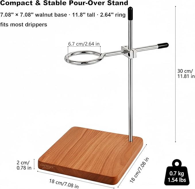 Pour Over Coffee Stand with Solid Cherry Base, Adjustable Coffee Dripper Stand, Wooden Brewing Station, Cone Holder, Elegant Gift for Brew Enthusiasts, Home Barista & Kitchen Décor