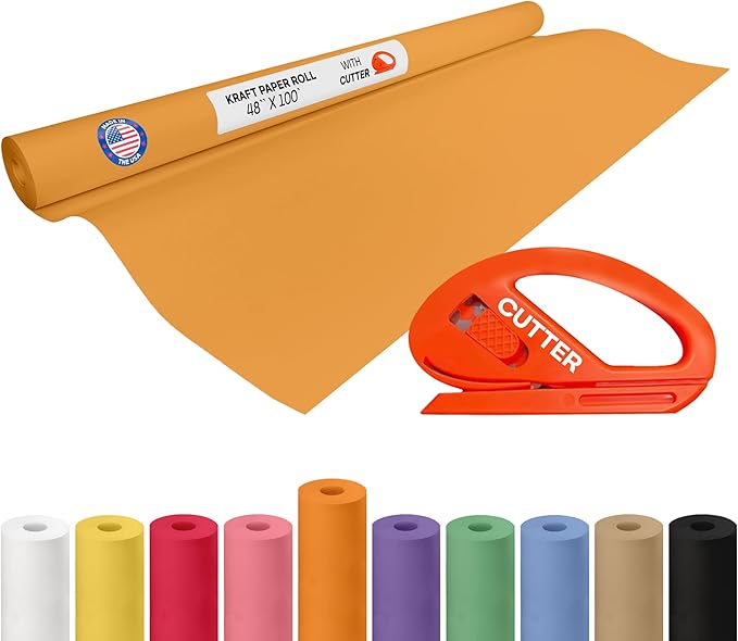 Orange Kraft Paper Roll 48" x 1200" (100 feet) with Cutter - USA-Made Gift Wrapping Paper for Packing, Moving, Shipping & Crafts/Arts - 100% Recyclable Natural Craft Material by IDL Packaging