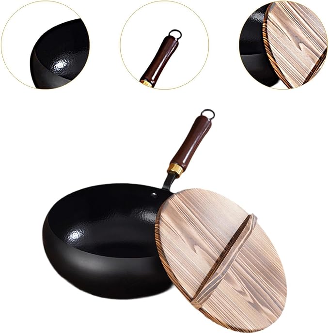Iron Wok Nonstick Wok with Wooden Lid Soup Pot Skillet Frying Pan for Stir Frying and Stewing Open Flame Cooking Gas Stoves, 26cm