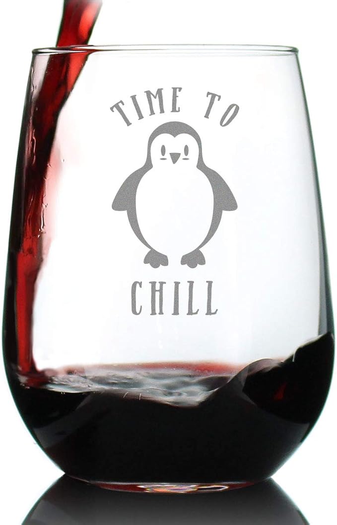 Bevvee Time to Chill - Stemless Wine Glass - Funny Penguin Themed Gifts and Decor - Large 17 oz