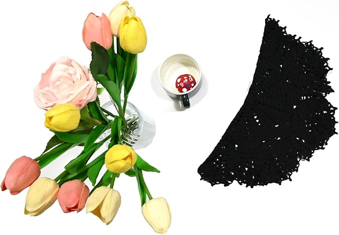 BIBITIME Tulip Flower Doilies Lace Doilies Kitchen Table Doily Mats Tablecloth Handmade Crochet Placemats Vase Dish Plate Mat (1 PC- 15 inches- 16 inches, Black)