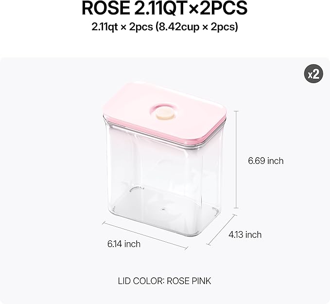 VAKUEN Premium Airtight Food Storage Containers ROSE 2.0L(2.11qt) 2P/SET, Patented Double Silicone Lining, 100% Leak Proof, BPA-FREE
