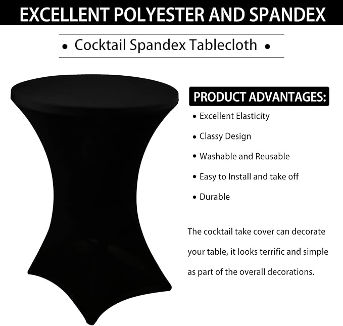 2 Pack Cocktail Spandex Tablecloth 32"x43" Cocktail Table Cover Fitted for High Top Round Table for Bar Wedding Birthday Party Banquet (Black)