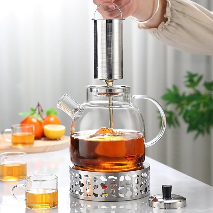 1400ml/47oz Durable Glass Teapot with Infusers for Loose Tea, Heat Resistant Stovetop Safe Tea Pot Maded of Thick Borosilicate Glass, Multifunctional for Loose Tea Bag