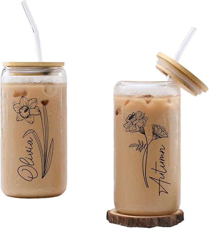 BJZLWJ Personalized Glass Tumbler Cups with Straw and Lid, Custom 16 Oz Water Glass with Birth Month Flower, Iced Coffee Cup with Name, Gifts for Women, Mom, Teachers, Birthday, Mother's Day