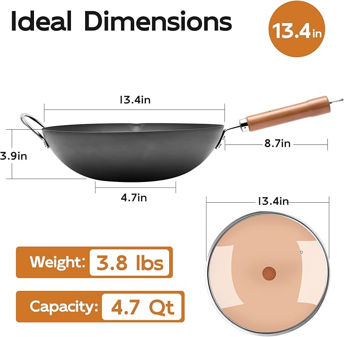 WANGYUANJI 13.4" Flat-Bottom Iron Wok with Glass Lid, Uncoated Stir-Fry Pan, Fast-Heating Refined Iron, Induction/Gas/Electric Compatible, Wooden Handle & Helper Ring (Seasoning Required)