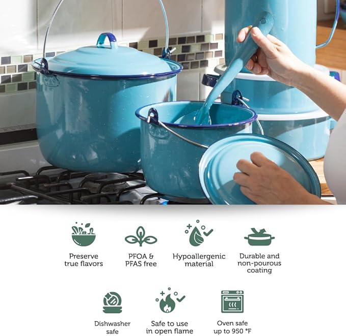 Cinsa 14-Piece Enamel on Steel Cookware Set, Ideal for Gas, Electric Stoves, Ovens & Campfires – Turquoise Blue