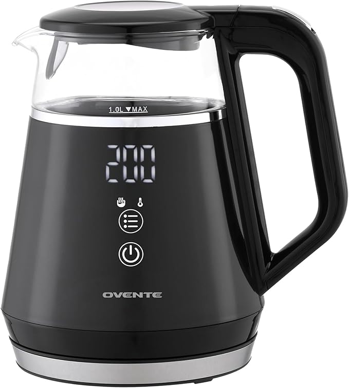 OVENTE 1L Small Electric Kettle with 5 Temperature Preset, Digital Display, 5Hr Keep Warm, Auto Shut-Off, Double-Wall Cool Touch Exterior, Borosilicate Glass,1500W BPA Free Water Boiler, Black KD95B