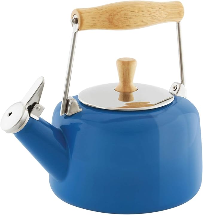 Chantal SVEN Enamel on Steel Whistling Teakettle with Natural Wood handle, 1.4 quarts (Blue Cove)