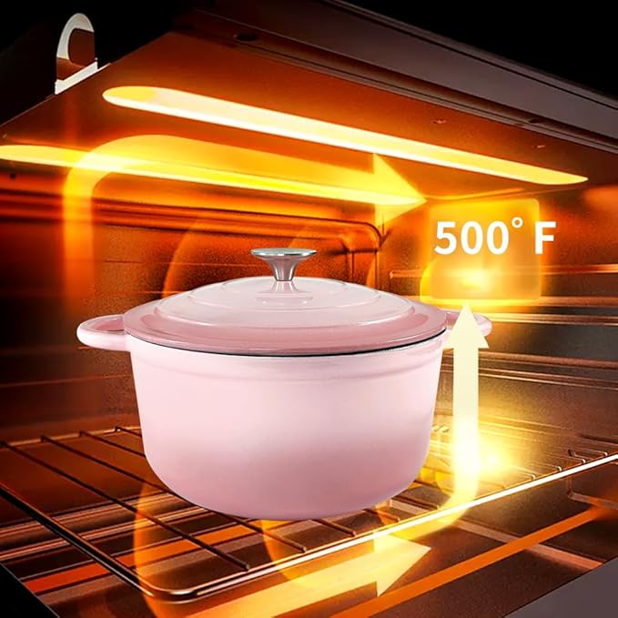 3 Quart Cast Iron Dutch Oven Pot with Lid, Dual Handles Enameled Soup Pot, Heavy Duty and Oven Safe for Bread Baking, Braising, Cooking and Family Gifts, Pink