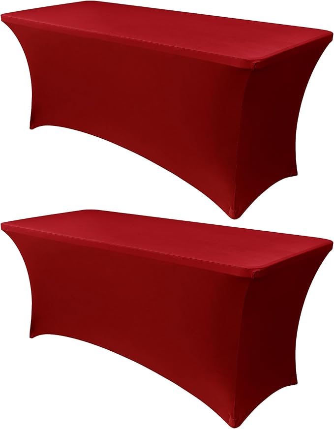 Obstal 4Ft Stretch Spandex Table Cover for Standard Folding Tables - 2 Pack Universal Rectangular Fitted Tablecloth for Party, Banquet, Events, Trade Show (Dark Red, 48L x 24W x 30H Inches)