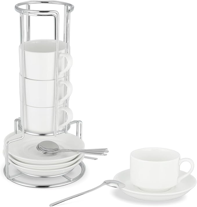 3 Ounce Espresso Cups Set of 4, Stackable Demitasse Mugs, Includes Display Stand, Cups Saucers, and Spoons, for Machines & Home Use, White Silver Tone