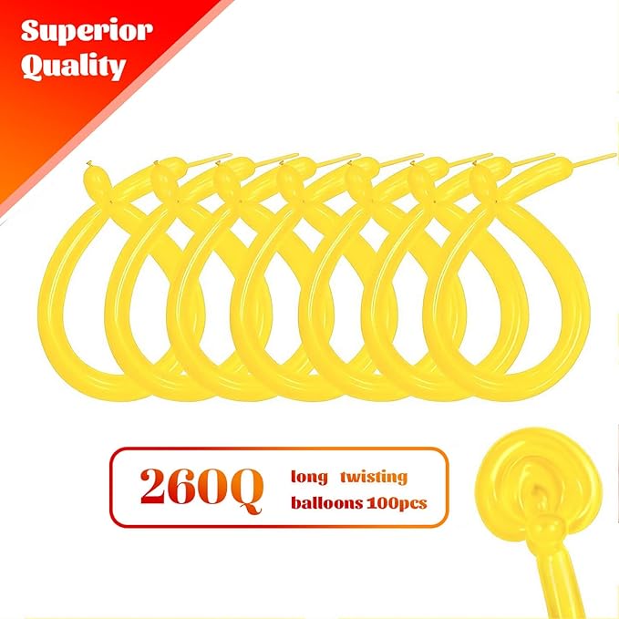 KAWKALSH 260 Yellow Long Balloons for Balloon Garland Thickening Skinny Latex Twisting Animals Modeling Christmas Birthday Wedding Party Festival Decorations 100pcs