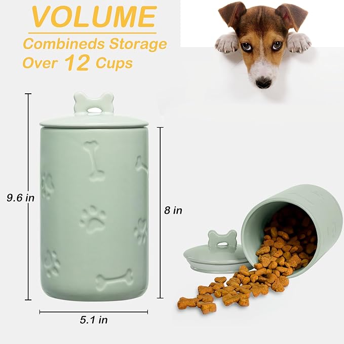 Dog Treat Container Airtight - 9"x5" Green Large Ceramic Dog Treat Jar for Kitchen Counter, Dog Cookie Jar with Lid - Farmhouse Style Dog Food Storage Container for Dogs, Cats, Pets