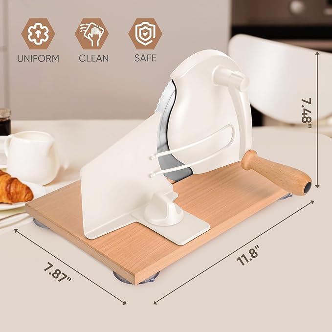 Manual Bread Slicer with Hand Crank, Classic Home Bread Slicer for Homemade Sourdough, Rotary Slicer with Adjustable Thickness, Premium Stainless Steel & Powerful Suction Cups (White)