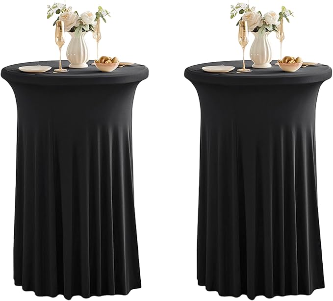 Qubjus 2 Pack Round Cocktail Table Covers with Skirt Stretch Spandex Tablecloth 24"x43" Cocktail Round Tablecloth for Party Wedding Birthday Banquet, Black