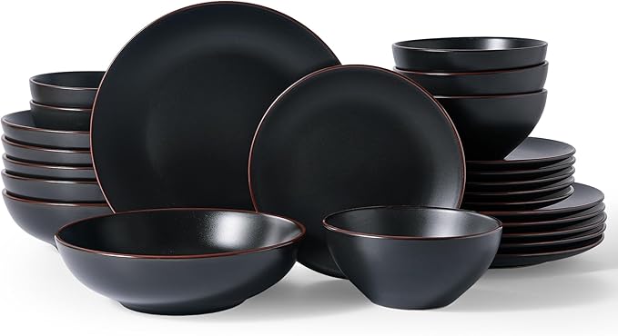 Famiware Venus Speckled Dinnerware Set with Pasta Bowls, Service for 6 (24 Pieces), Stoneware Plates and Double Bowls Sets, Microwave & Dishwasher-Safe Dishes with Trim, Matte Black