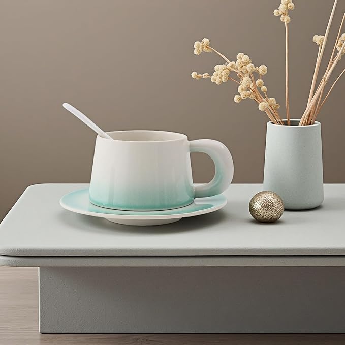 Ceramic Cappuccino Cup and Saucer Set, 8 oz, White with Pink Gradient, Microwave Safe, with Spoon (green)