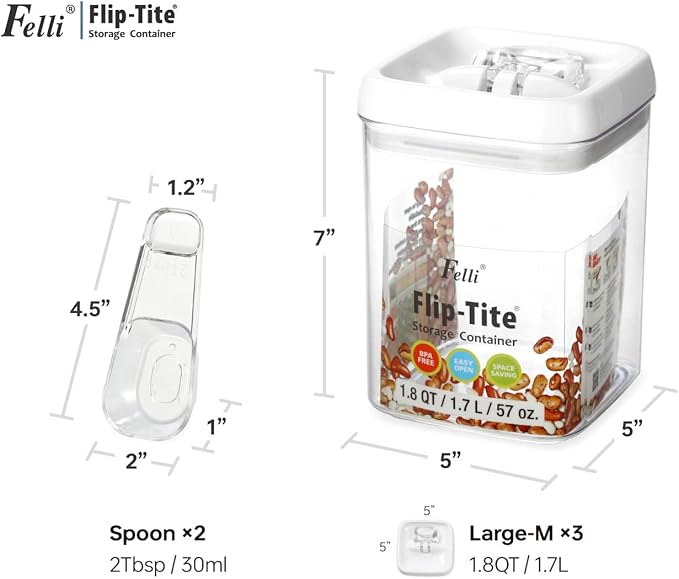Felli Flip Tite Storage Container with Built-In Spoon & Airtight Lid 5” Large-M Ring Flip Top, Stackable Acrylic Canister for Sugar Flour Powder, Kitchen Pantry Organizer (1.8qt) - 2 spoons only