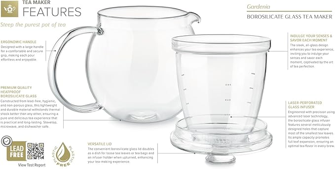 Teabloom Gardenia Glass Teapot with Infuser – 100% Borosilicate Glass, Microdot Infuser for Loose Leaf Tea, 27 oz (3-Cup) Capacity, Plastic-Free & Lead-Free, Stovetop Safe