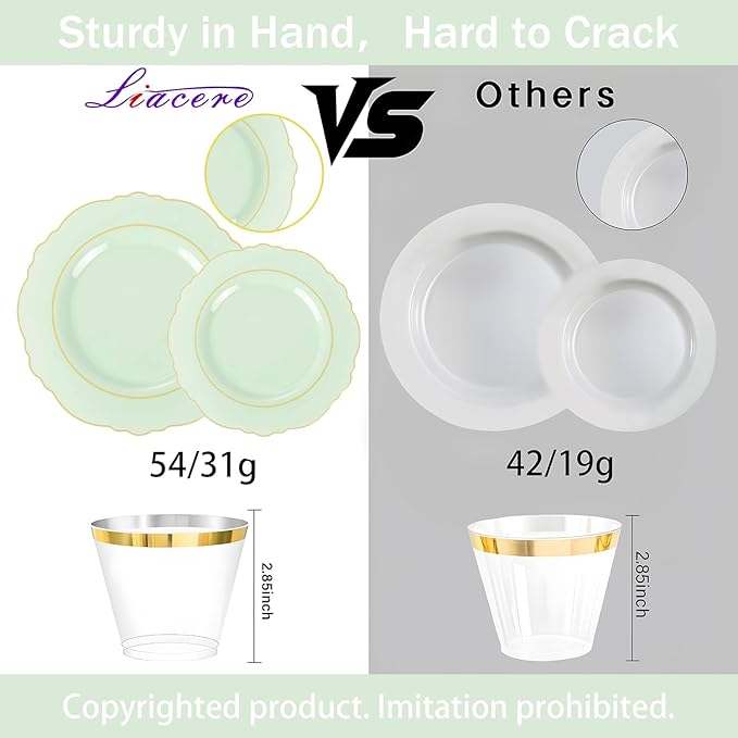 Liacere 350PCS Light Green Plates - Disposable Green and Gold Plastic Plates 50guest Baroque Dinnerware include 100Plates,50Pack Pre Rolled Napkins with Silverware 50Cups for Wedding ＆ Easter Day
