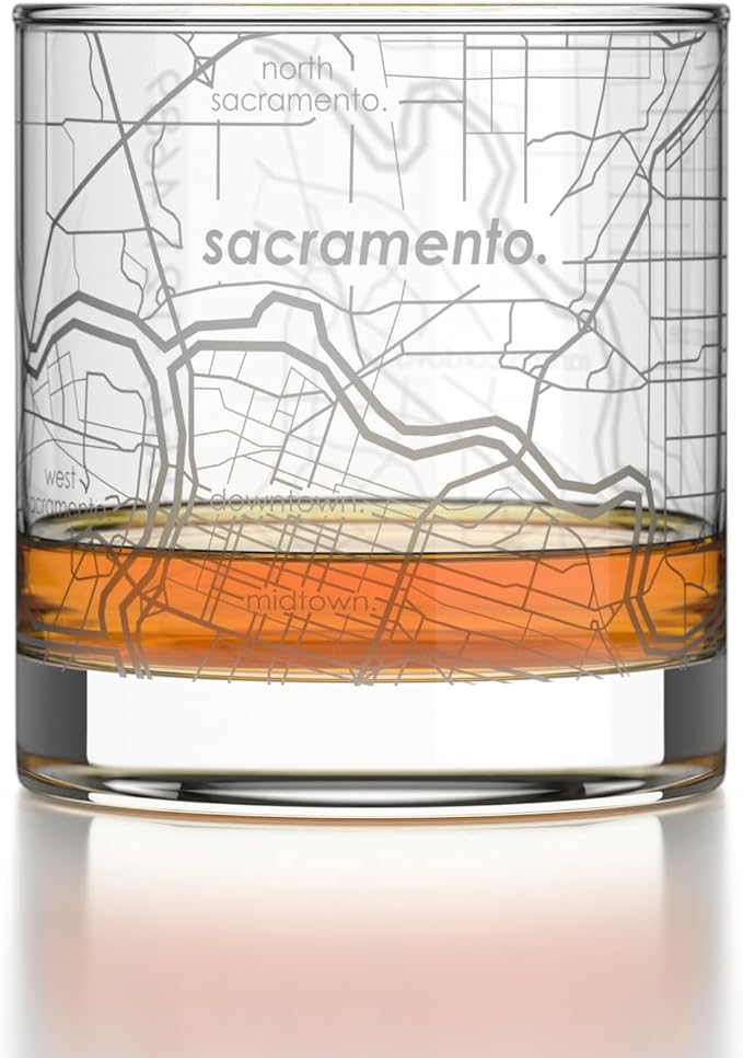 Well Told Engraved Sacramento California Map Rocks Glass, Old Fashioned Glassware (11 oz, Clear) Etched Bourbon Tumbler, Gifts For Whiskey Lovers
