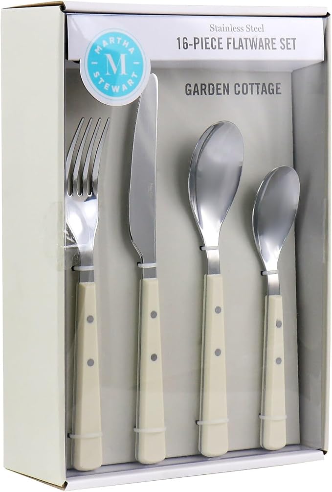 Martha Stewart Watercliffe 16 pc Flatware Silverware Set - Stainless Steel Utensils - Forks, Spoons, Knives - Service for 4 - Linen