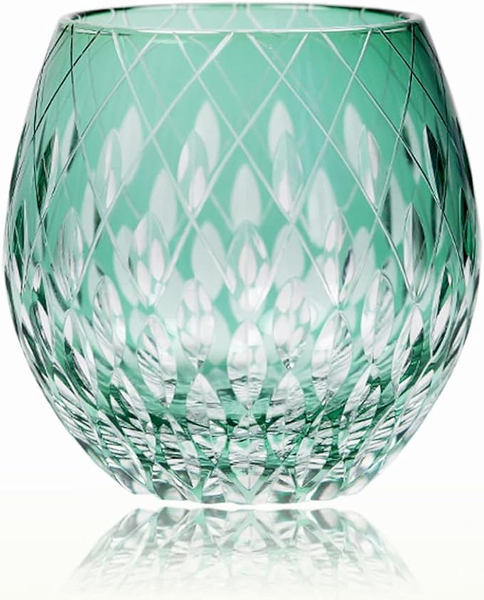 JINZHI Japanese Style EDO Kiriko Whiskey Glasses 11OZ Unique Shape Colored Hand Carved Glass Tumbler for Bourbon Lovers - Style Glassware for Rum - Rocks Glass in Gift Box (Dark Green)