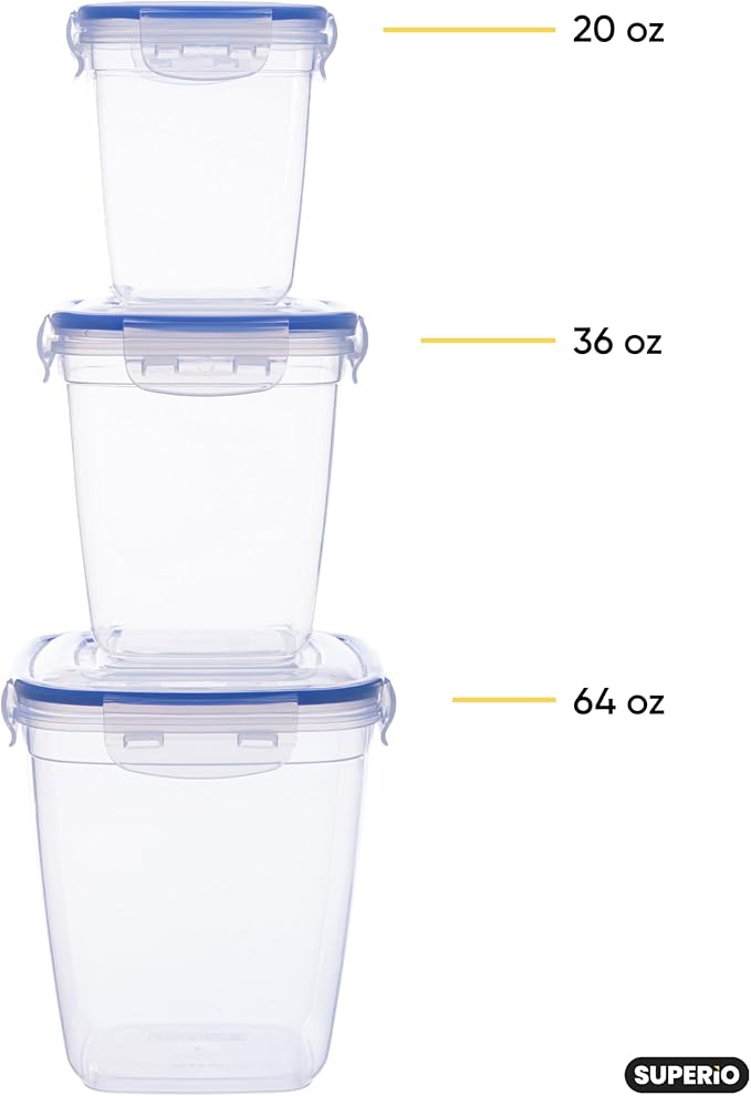 Superio Plastic Food Storage Container Set, BPA Free, Sealed Containers with Airtight Lids for Pnatry, Cupboard, and Fridge- Microwave and Dishwasher Safe (10) (3-Pack)