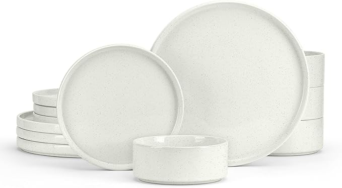 E-far Stoneware Dinnerware Sets, 12-Piece Plates and Bowls Dish Set for 4, Kitchen Modern Dinning Dishware, Chip and Scratch Resistant, Microwave & Dishwasher Safe, Speckled White