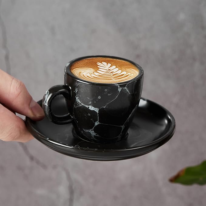 SIDUCAL Espresso Cups Set of 6,2 Ounce Ceramic Coffee Cups with Saucers,Porcelain Double Espresso Shot Cup Set,Gift Box for Boyfriend Gift(Black)