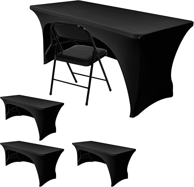 Nasitos 4 Pack Black Tablecloth 8 ft-Fitted Spandex Table Covers, Open Back Trade Show Table Cover, Washable and Wrinkle Resistant Tablecloth for Craft Show, Weddings, Events