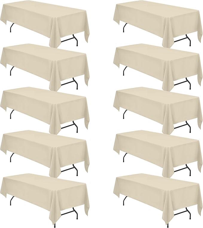 BRILLMAX 10 Pack Beige Tablecloths 60 x 126 Inch for 8ft Rectangle Tables - 150 GSM Polyester Fabric, 15" Standard Drop, Water, Stain & Wrinkle Resistant Cloth Cover for Wedding Dining Buffet