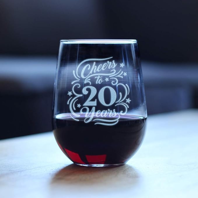 Bevvee Cheers to 20 Years - Stemless Wine Glass Gifts for Women & Men - 20th Anniversary or Birthday Party Decor - Large 17 Ounce Glasses