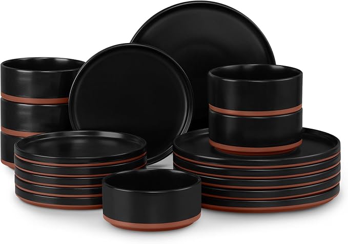 LIANYU Plates and Bowls Sets, 18 Pieces Stoneware Dinnerware Set for 6, Modern Kitchen Dinner Set Ceramic Dishware Dishes Set, Microwave and Dishwasher Safe, Charcoal Black
