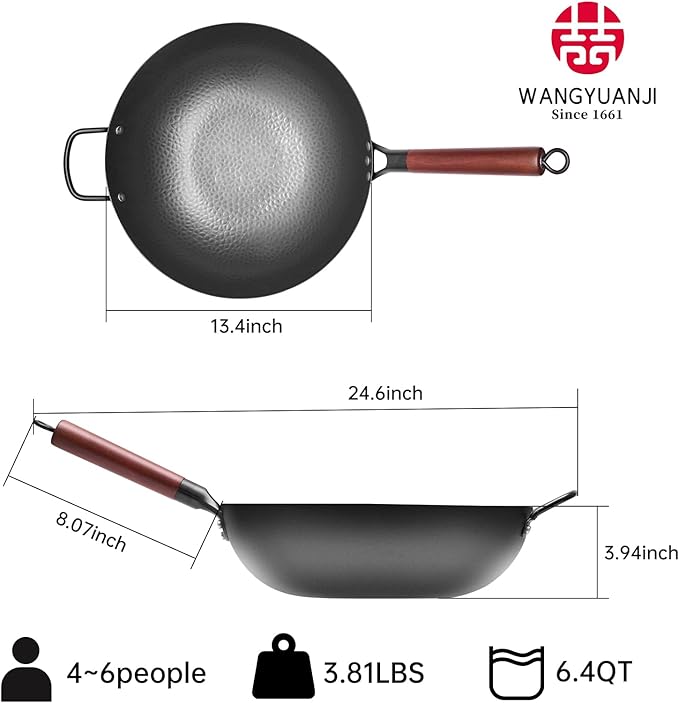 WANGYUANJI Iron Wok,13.4 inch Chinese Craft Wok with Lid Flat Bottom Stir Fry Pan,Chemical-free Wok Pan for All Stoves,Wrought Iron Wok Pure Iron Cookware