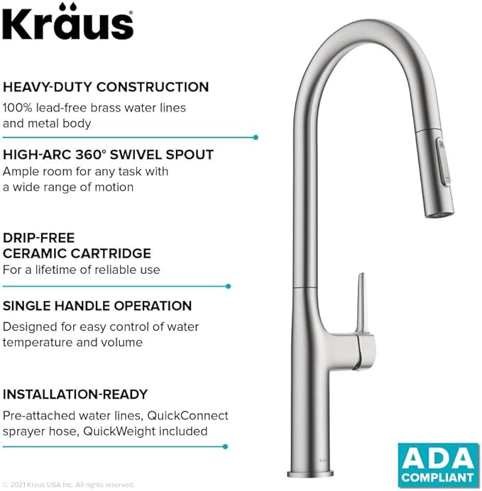 KRAUS Oletto Tall Modern Pull-Down Single Handle Kitchen Faucet in Spot Free Stainless Steel, KPF-3101SFS