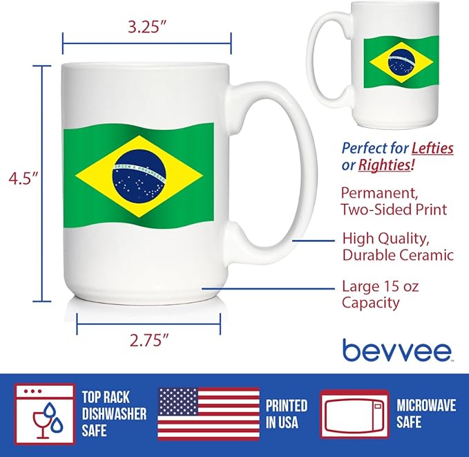 Brazil Flag Coffee Mug - Brazil Souvenirs and Brazilian Gifts for Women and Men - Large 15oz White Ceramic