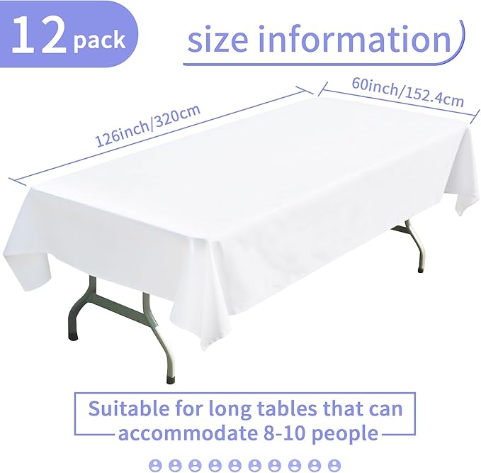BIGTONE 12 Pack White Rectangle Tablecloth 60 x 126 Inch, Cross Ribbon Packing Reusable Table Clothes for 8 Foot Tables, Wrinkle Resistant Polyester Fabric Table Cover for Wedding, Party, Banquet