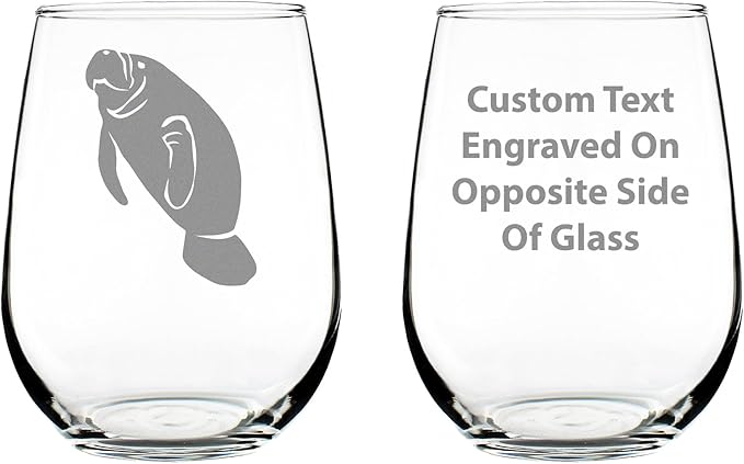 Custom Manatee Personalized Stemless Wine Glass - Funny Ocean Animals Themed Decor and Gifts for Sea Creature Lovers - Large 17 Oz - Customized Wine Glass Gift