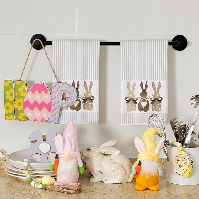 ARKENY Easter Kitchen Towels Set of 2,Beige Bunny Dish Towels 18x26 Inch Drying Dishcloth,Farmhouse Home Seasonal Spring Decorations AD220