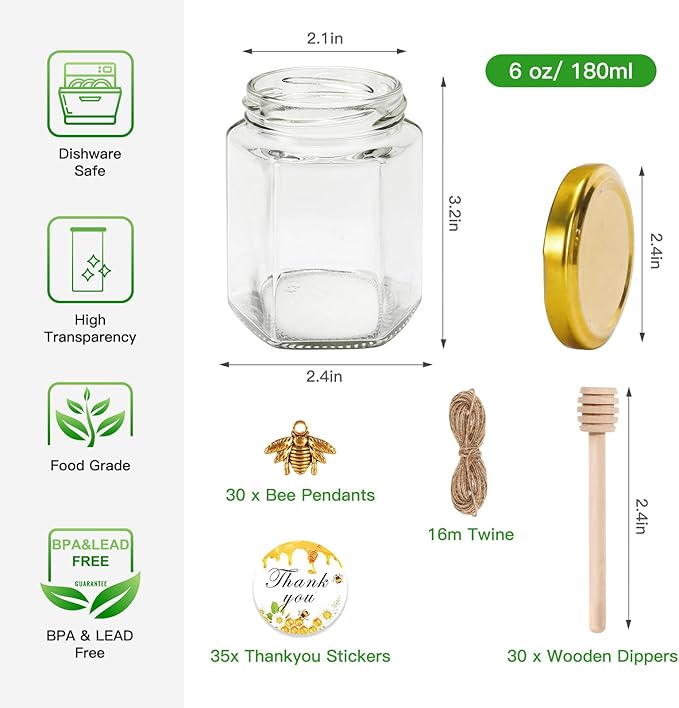 BIGIVACA 6 oz Mini Honey Jars - 30 Pack Hexagon Glass Jars with Wood Dippers, Gold Lids, Bee Pendants, Jutes, Stickers for Wedding Favors, Party Favors, Candle Making