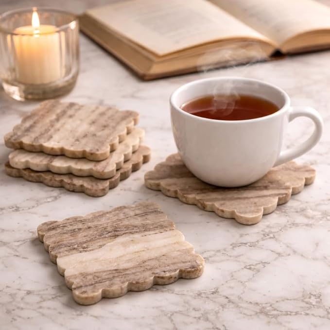 Set of 4 Luxury Natural Marble Scalloped Coasters Set – Handmade Stone Drink Wine Coasters for Serving, Coffee Table Decor, Housewarming Gift & Wedding Gift – Modern Home Decor